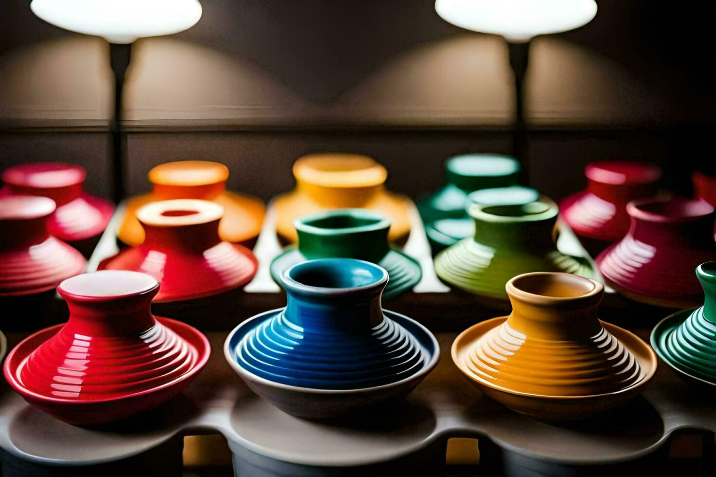 colorful vases are lined up in a row. AI-Generated photo