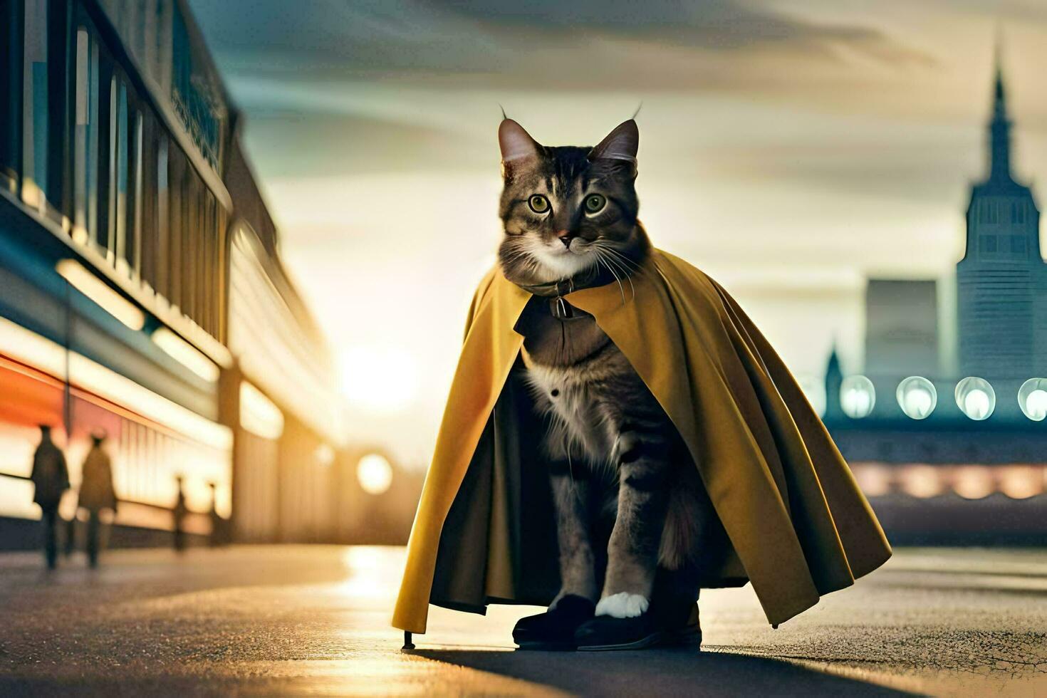a cat wearing a yellow cape and standing on a street. AI-Generated photo