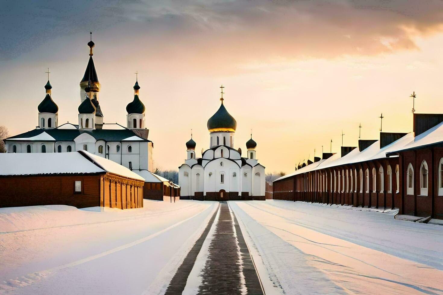 the road to the monastery in the snow. AI-Generated photo