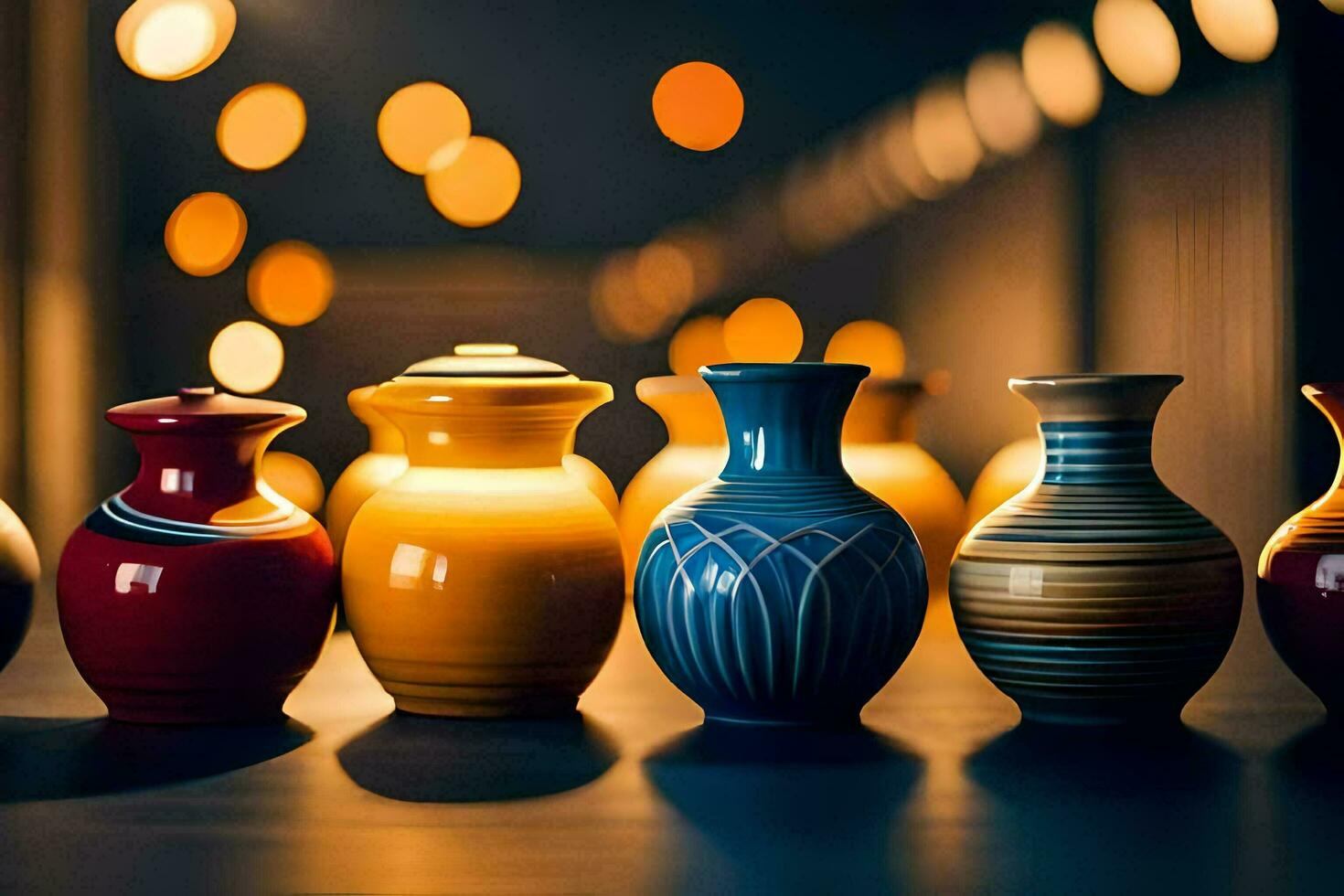 a row of colorful vases on a table. AI-Generated photo