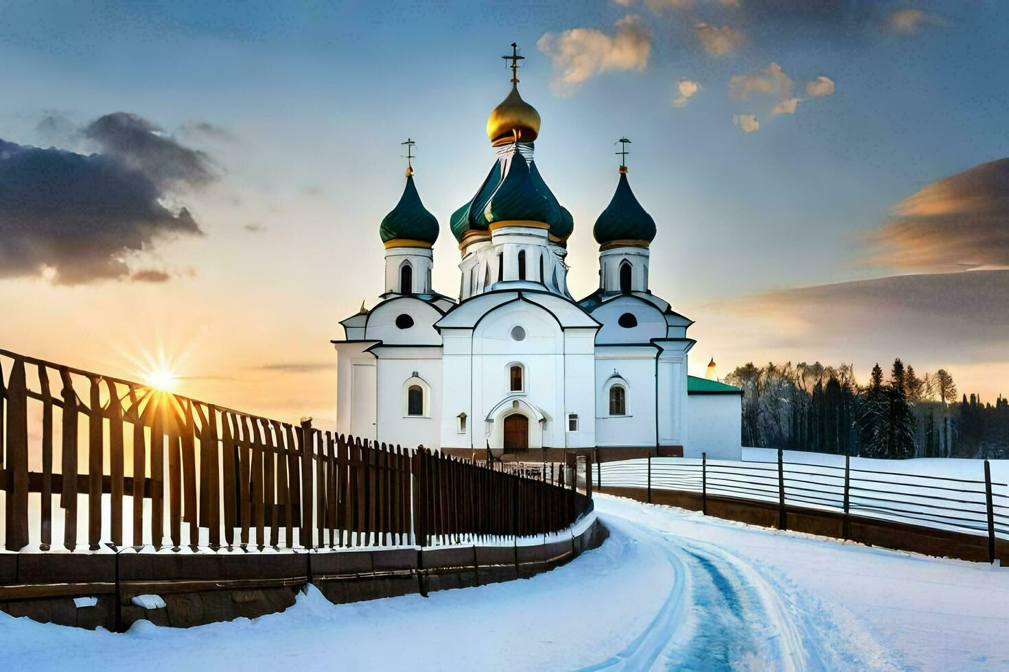 un Iglesia en el nieve con un la carretera líder a él. generado por ai foto