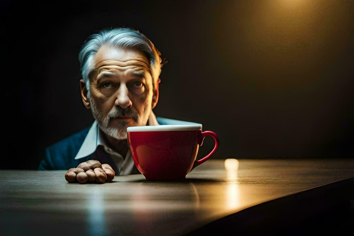 an older man sitting at a table with a cup of coffee. AI-Generated photo