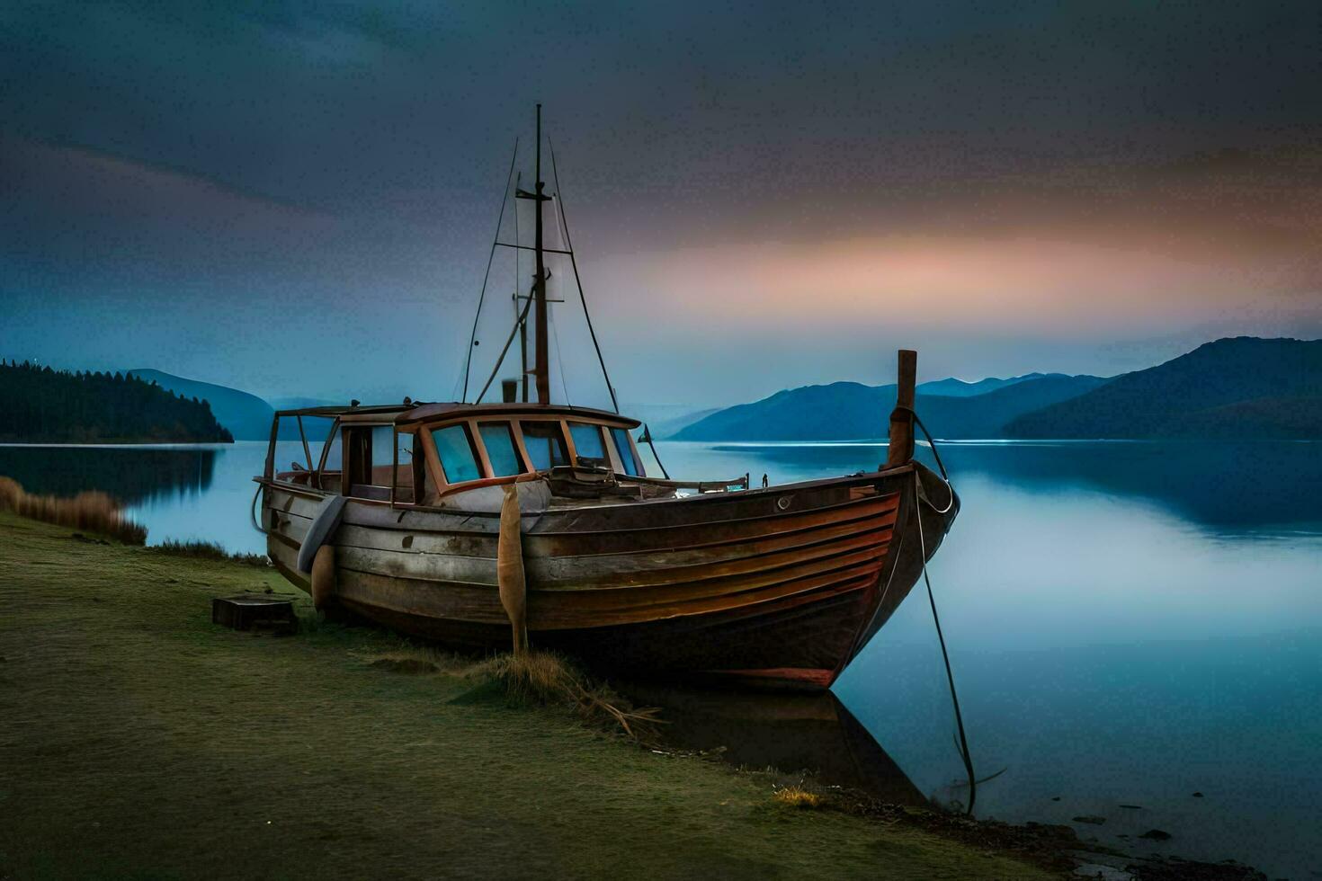 a boat sits on the shore of a lake at dusk. AI-Generated photo