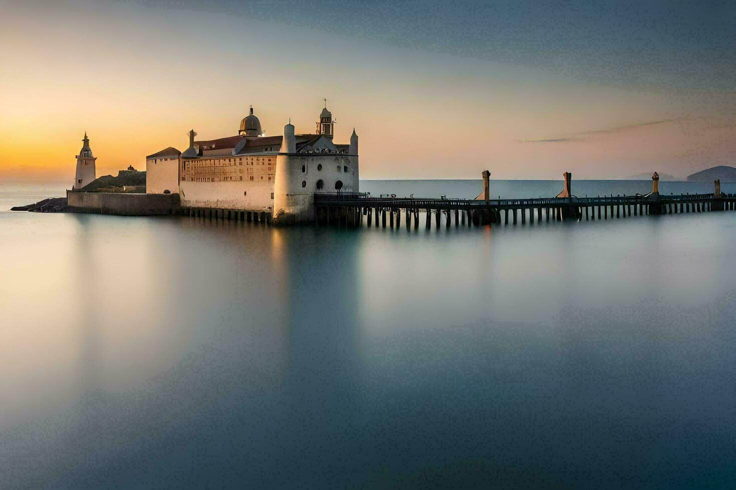 a long exposure photograph of a castle on the water. AI-Generated photo