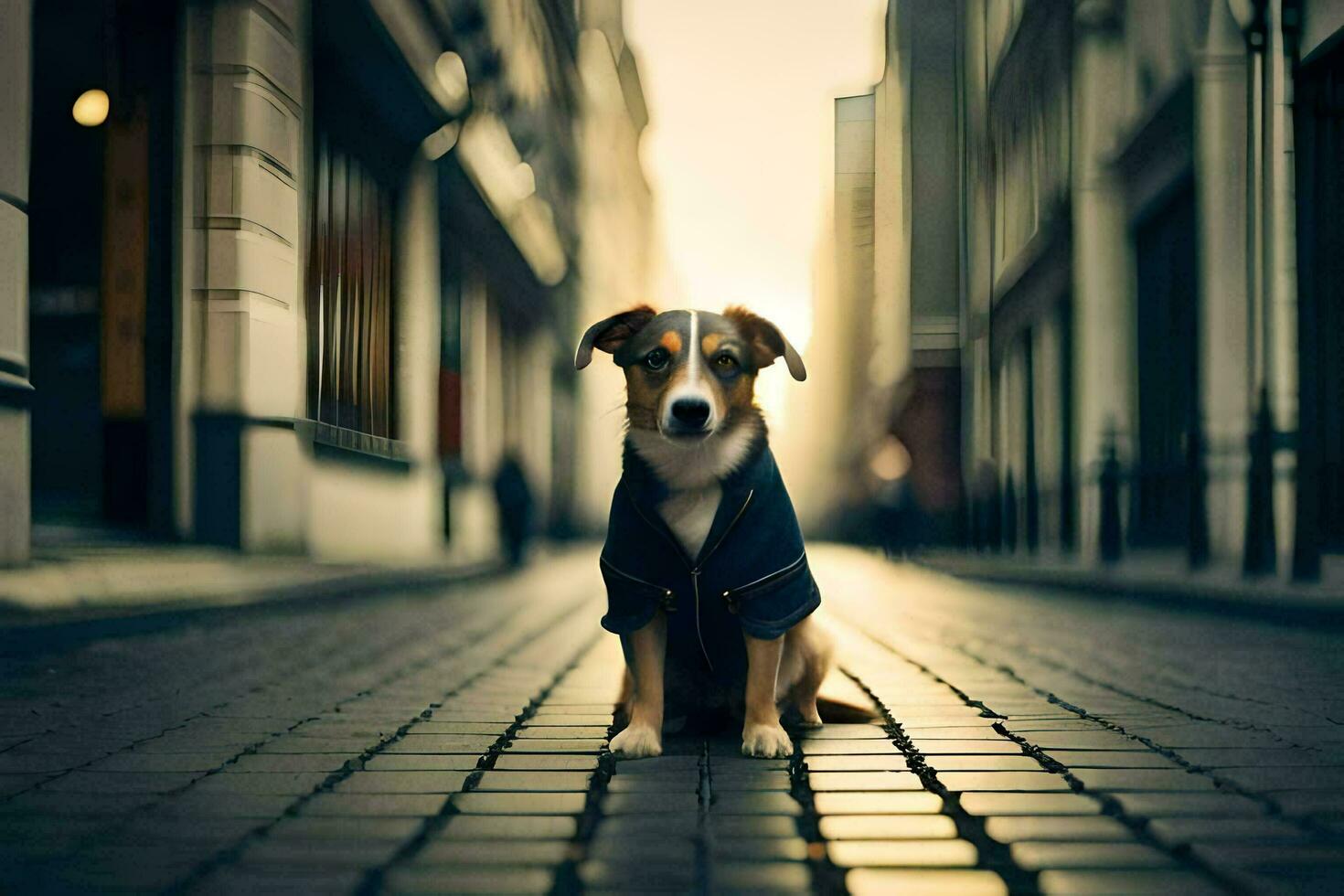 a dog wearing a jacket sits on the street. AI-Generated photo