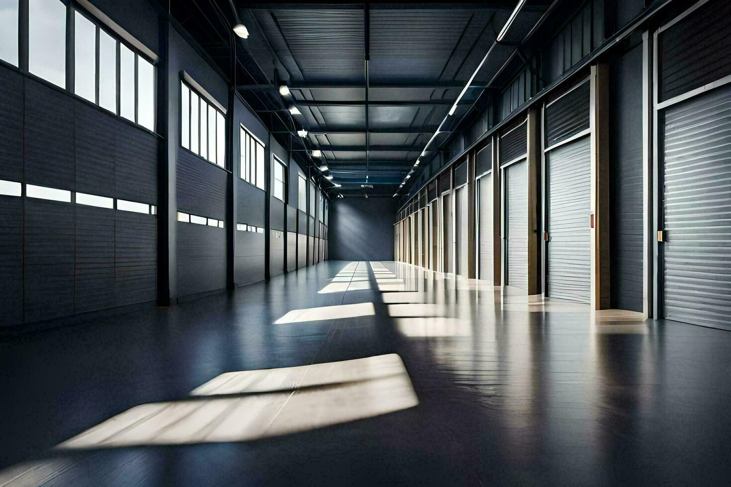 an empty warehouse with open doors and windows. AI-Generated photo