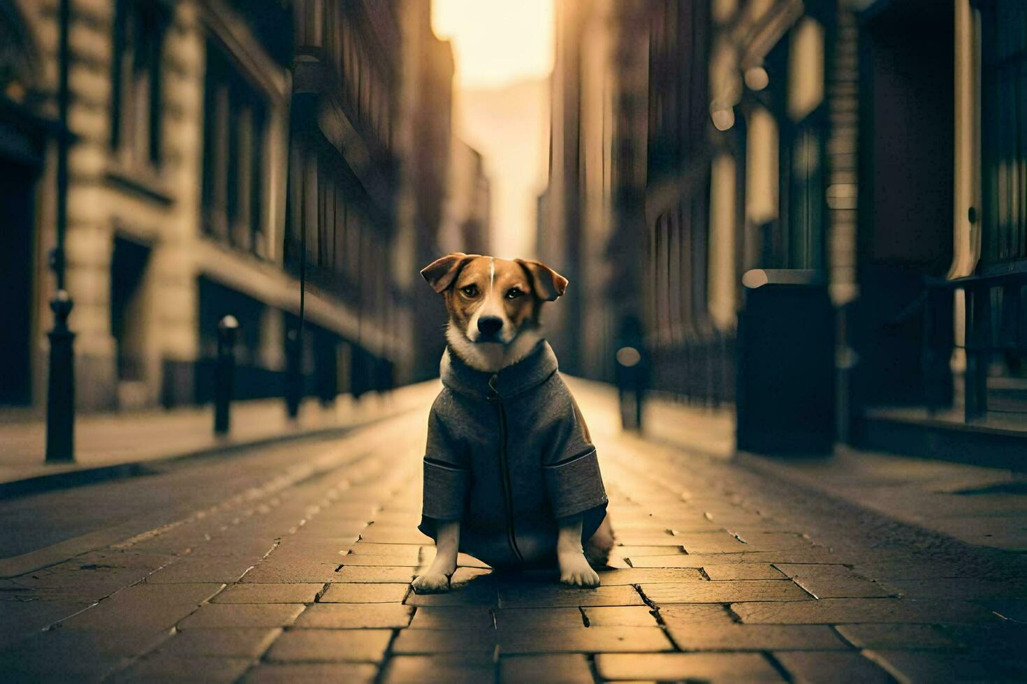 a dog in a coat sitting on the street. AI-Generated photo