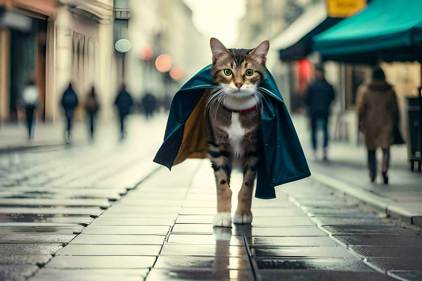 a cat walking down a street in a coat. AI-Generated photo