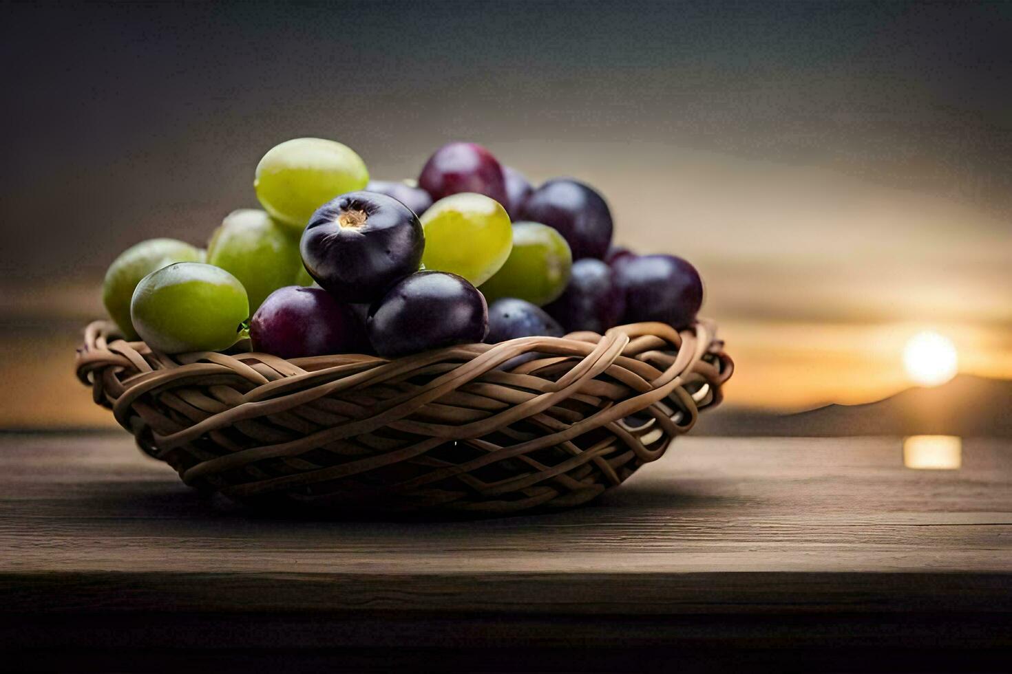 grapes in a basket on a table with the sun setting. AI-Generated photo
