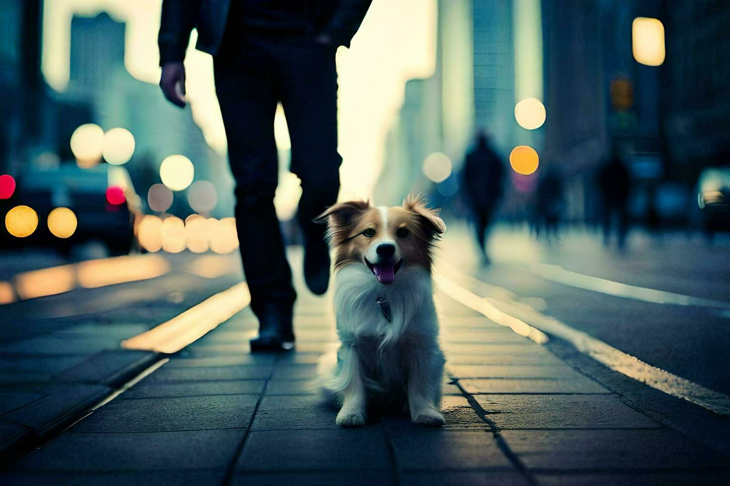 a dog is standing on the street in front of a man. AI-Generated photo
