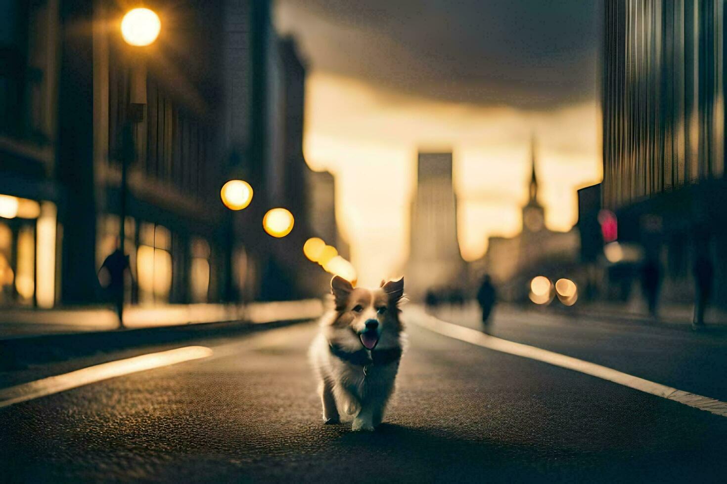 a dog walking down the street at dusk. AI-Generated photo