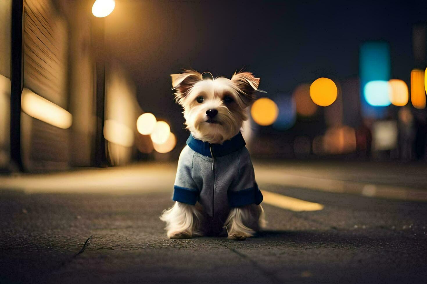 a small dog wearing a blue shirt sitting on the street at night. AI-Generated photo