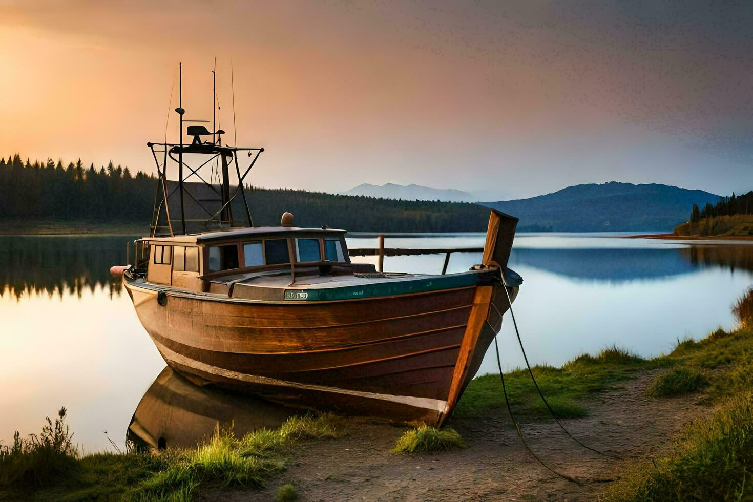 a boat sits on the shore of a lake at sunset. AI-Generated photo