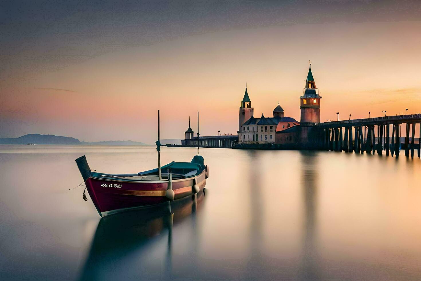 a boat sits in the water near a pier. AI-Generated photo