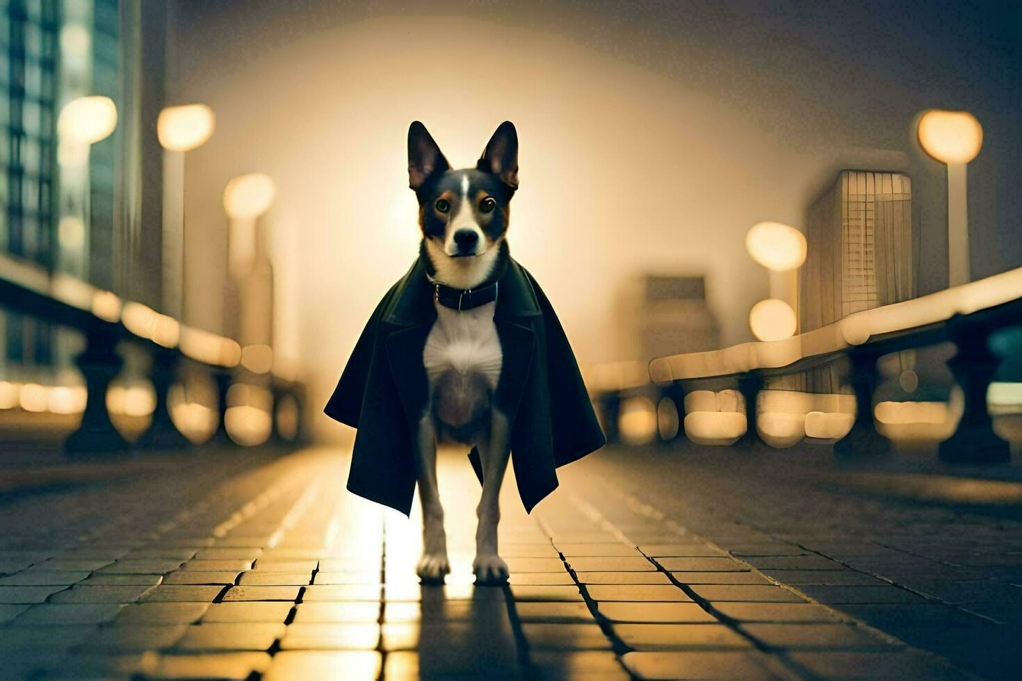 a dog wearing a coat standing on a bridge at night. AI-Generated photo