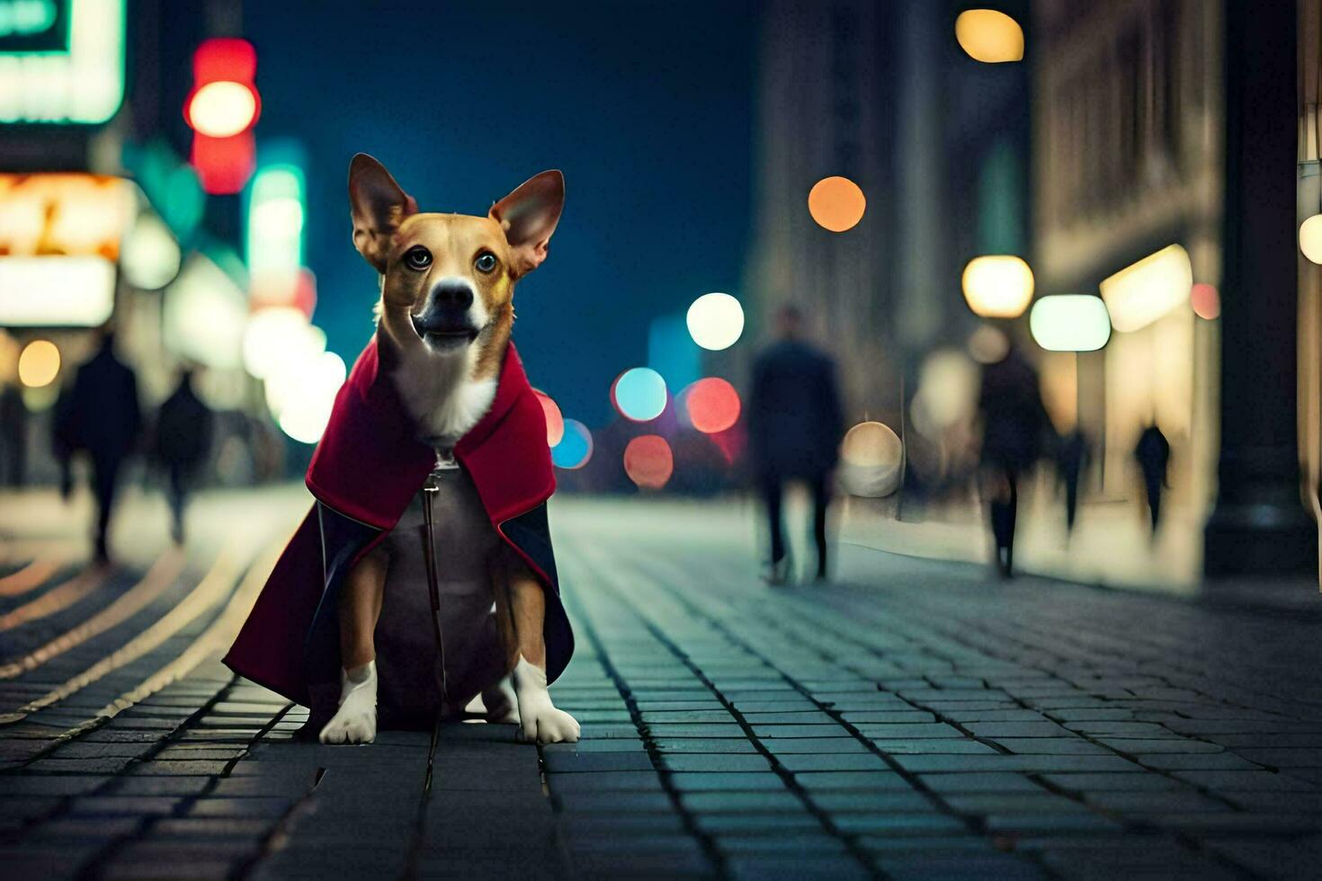 a dog wearing a red cape on a city street. AI-Generated photo