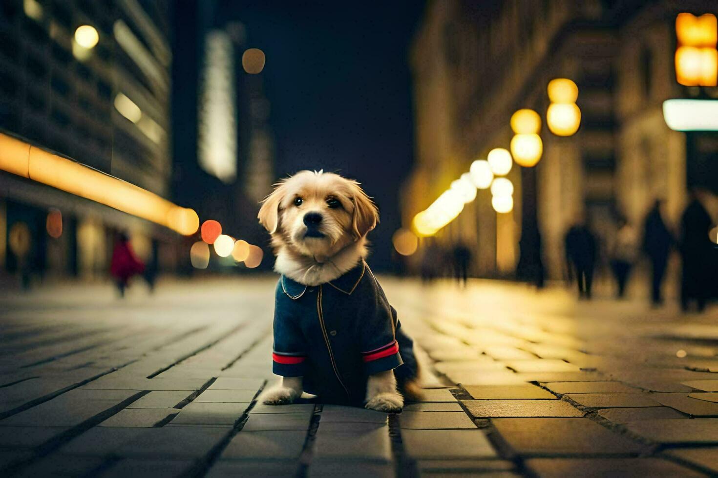 a dog wearing a jacket sits on the ground in a city. AI-Generated photo