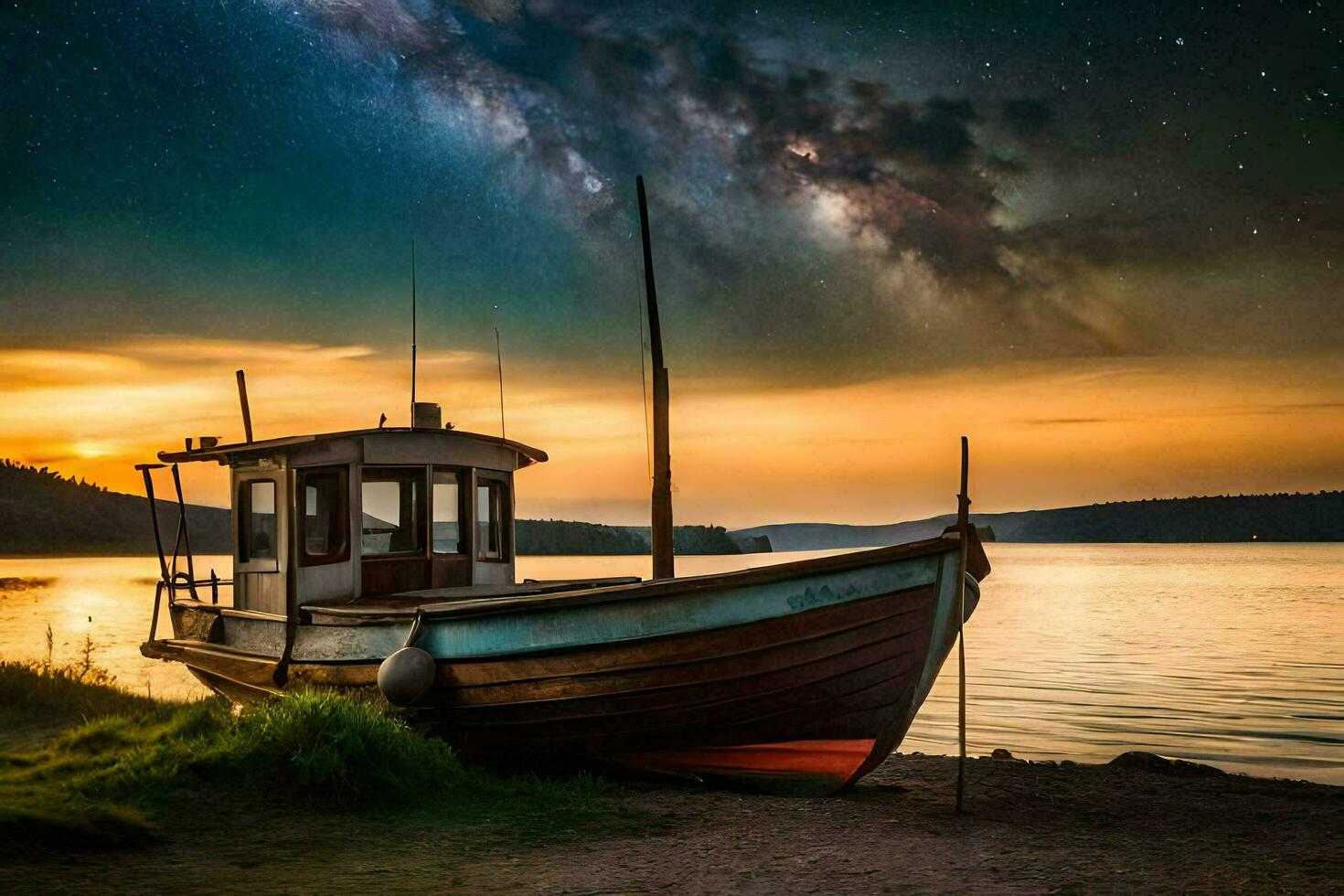 a boat sits on the shore at night with the milky in the background. AI-Generated photo