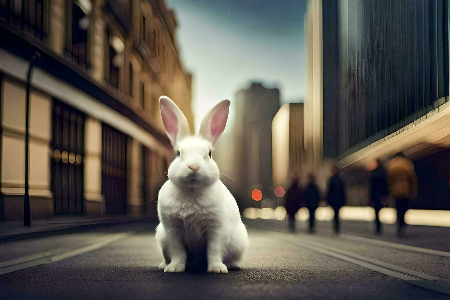 a white rabbit is sitting on the street. AI-Generated photo