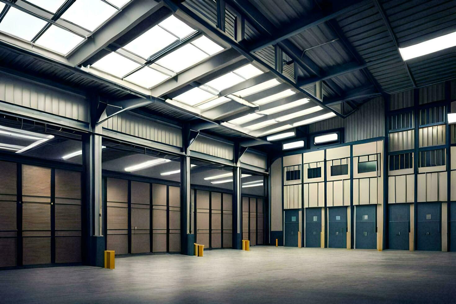 a large warehouse with a large open door. AI-Generated photo