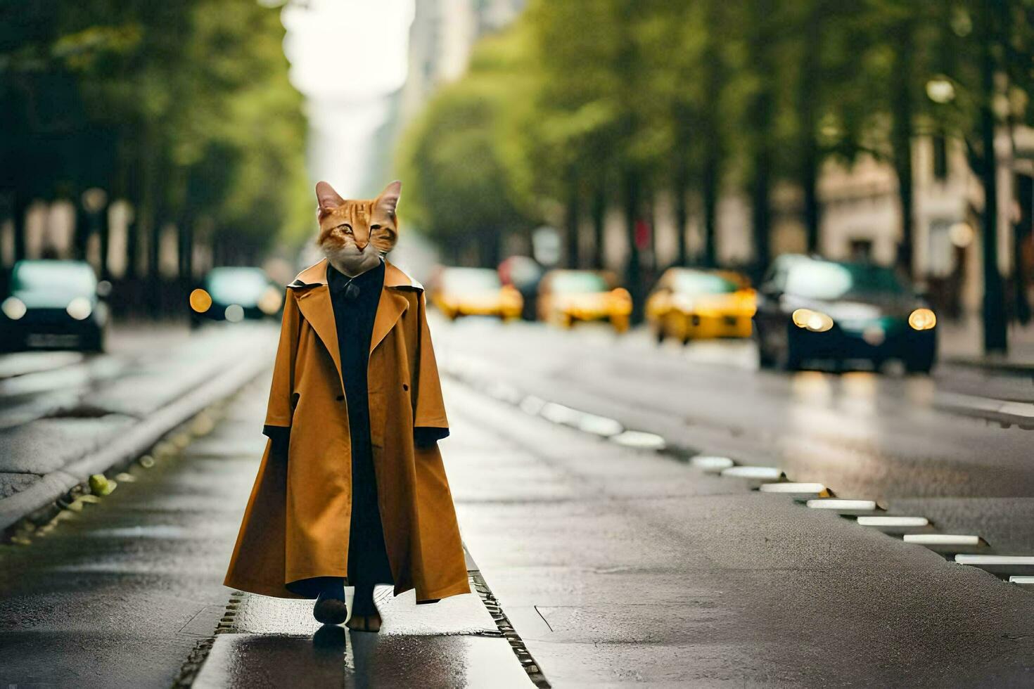 a fox wearing a coat and walking down a street. AI-Generated photo