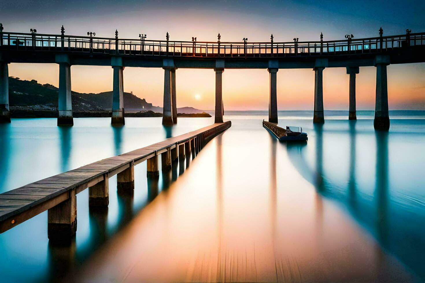 a pier with a long exposure at sunset. AI-Generated photo