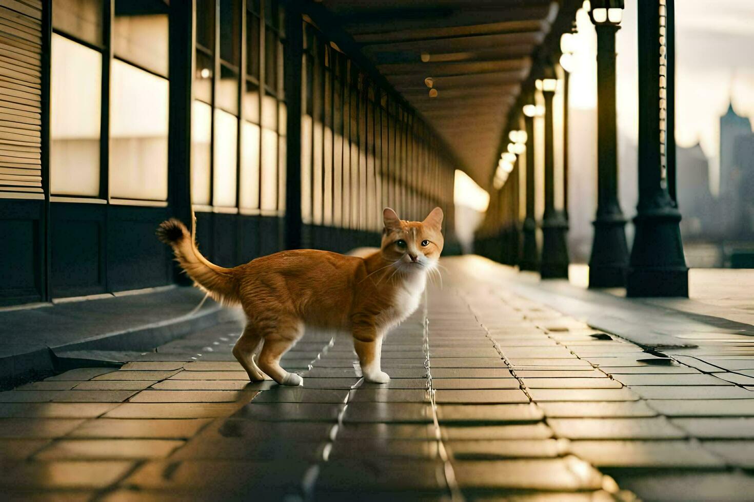 an orange cat walking on a sidewalk in front of a building. AI-Generated photo