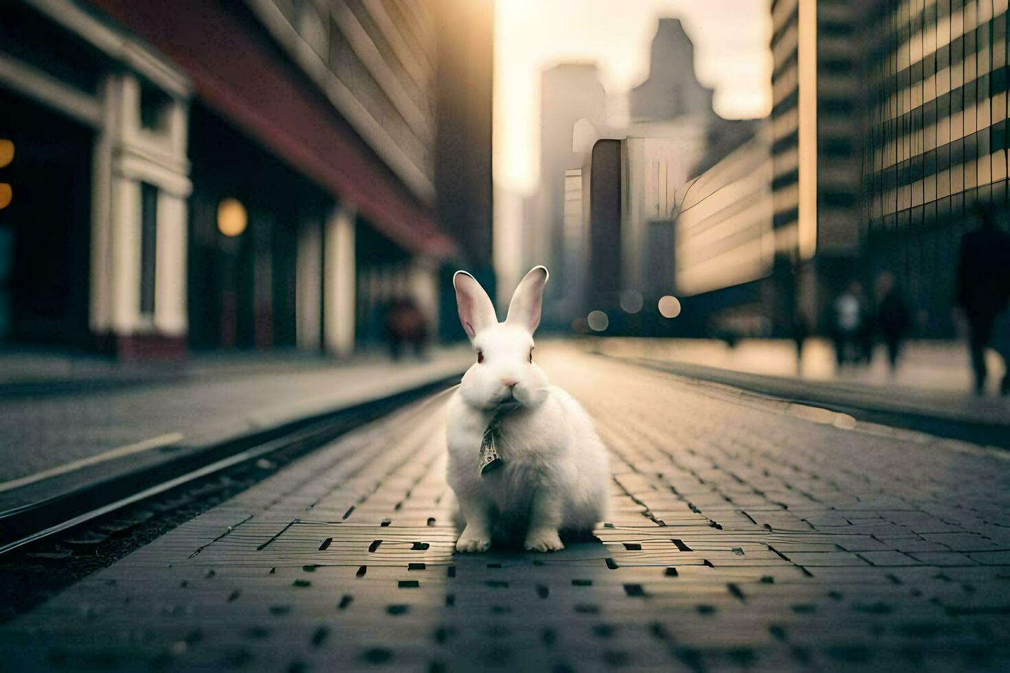 a white rabbit sitting on the ground in a city. AI-Generated photo