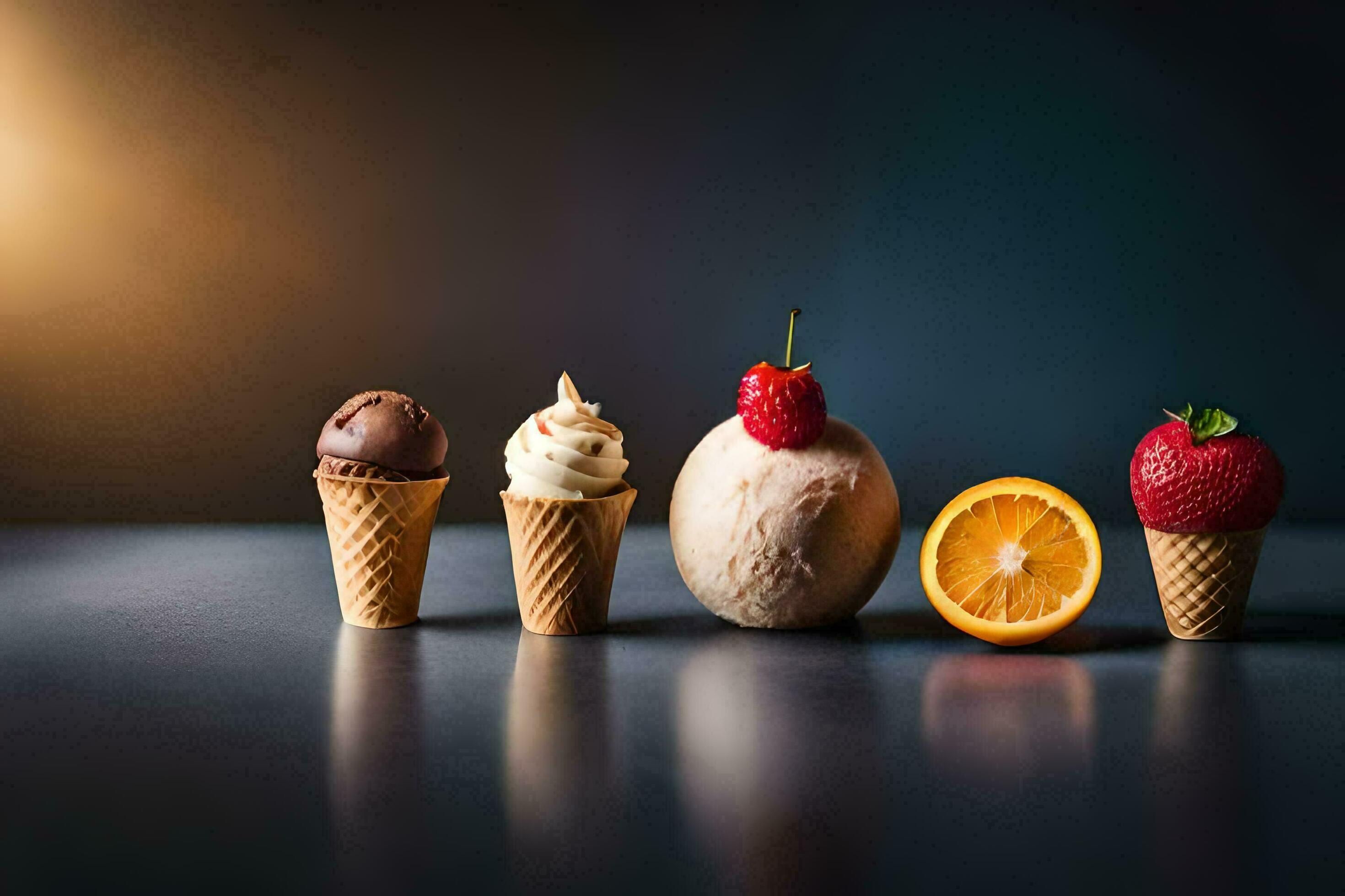 a row of ice cream cones with different types of desserts. AI-Generated