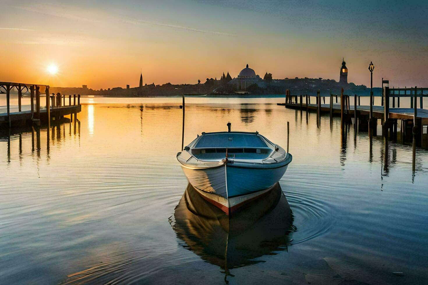 a boat sits on the water at sunset. AI-Generated photo