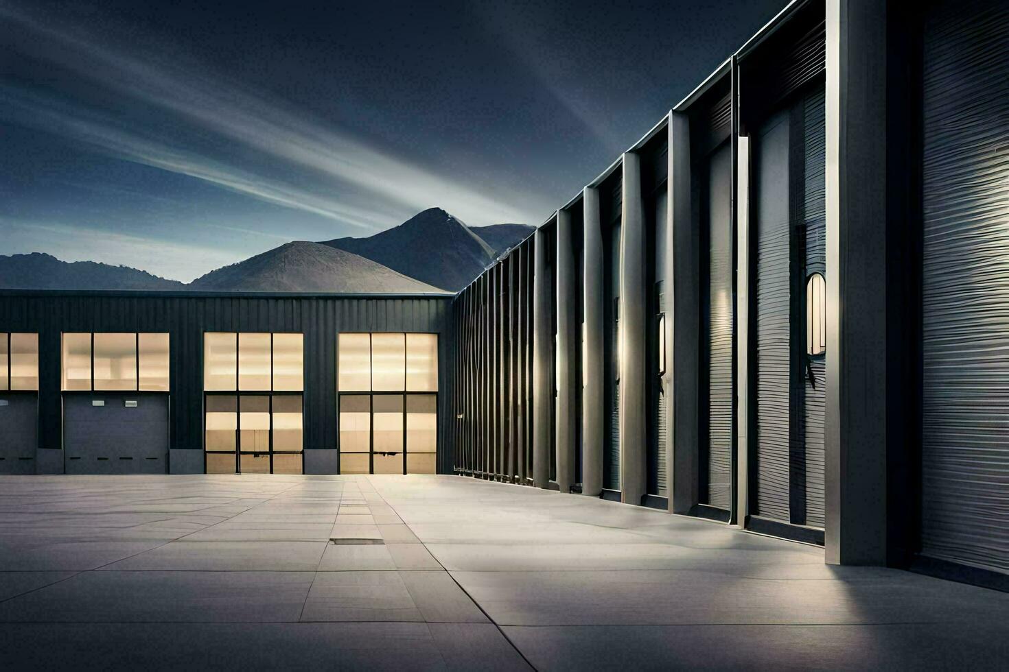 the exterior of a modern building with mountains in the background. AI-Generated photo