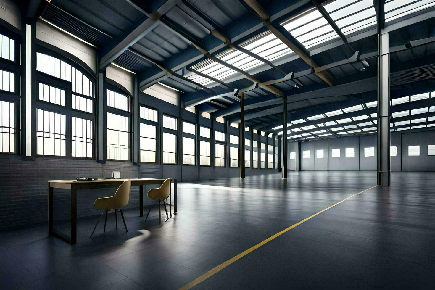 an empty warehouse with a table and chairs. AI-Generated photo