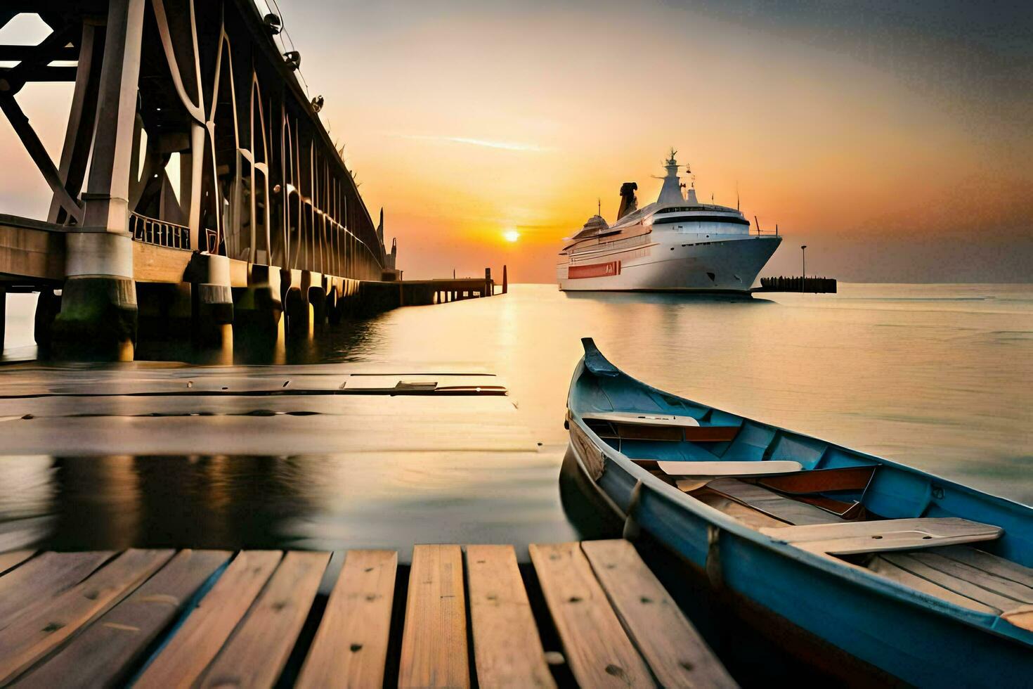 un barco se sienta en el muelle a puesta de sol con un crucero Embarcacion en el antecedentes. generado por ai foto