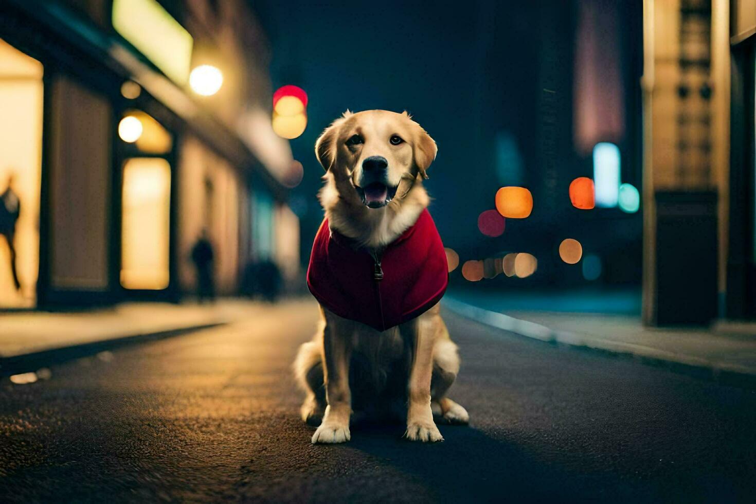 a dog wearing a red vest sitting on the street at night. AI-Generated photo