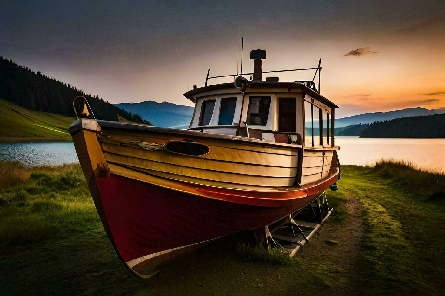 a boat sits on the shore of a lake at sunset. AI-Generated photo