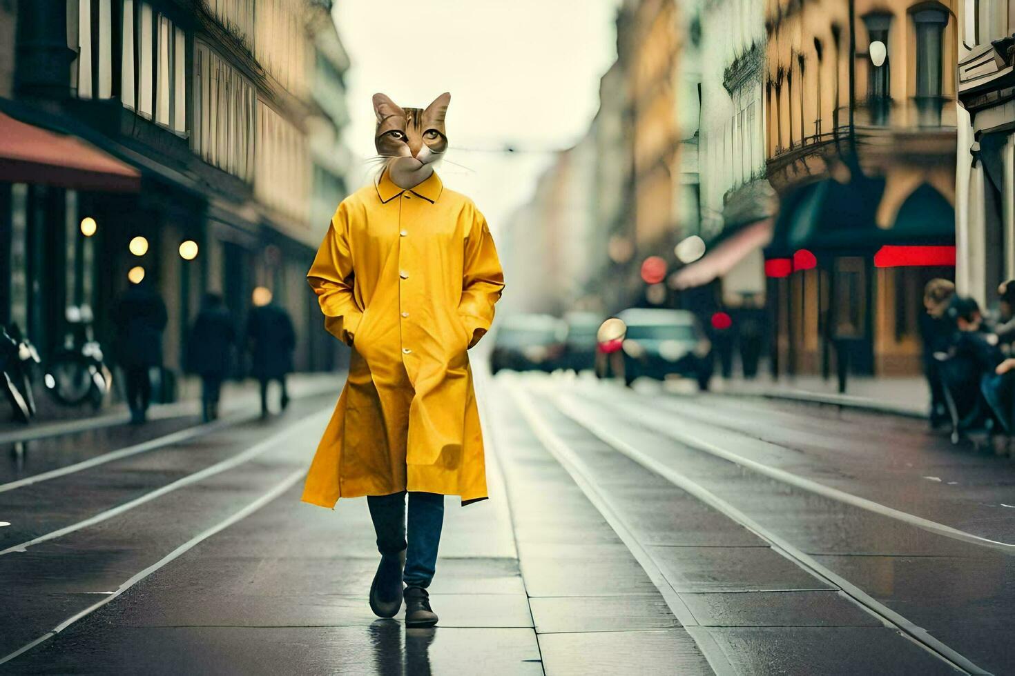 a cat wearing a yellow raincoat walking down a street. AI-Generated photo