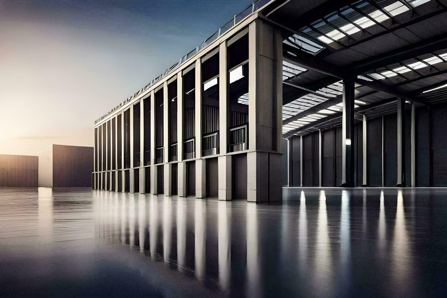 a large warehouse with a large window. AI-Generated photo