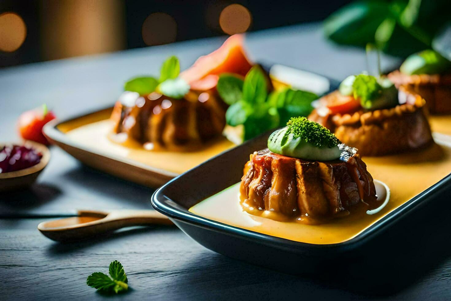 three small desserts on a black plate. AI-Generated photo