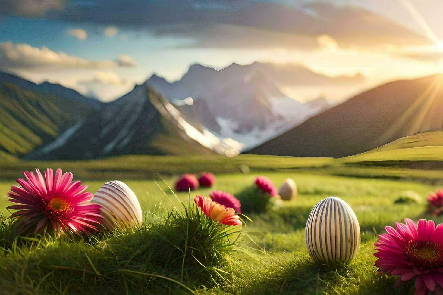 easter eggs in the grass with flowers and mountains in the background. AI-Generated photo