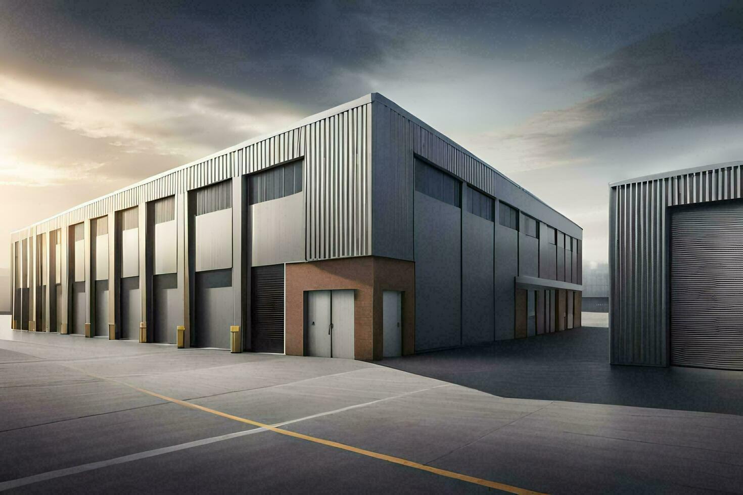 a large industrial building with two garage doors. AI-Generated photo
