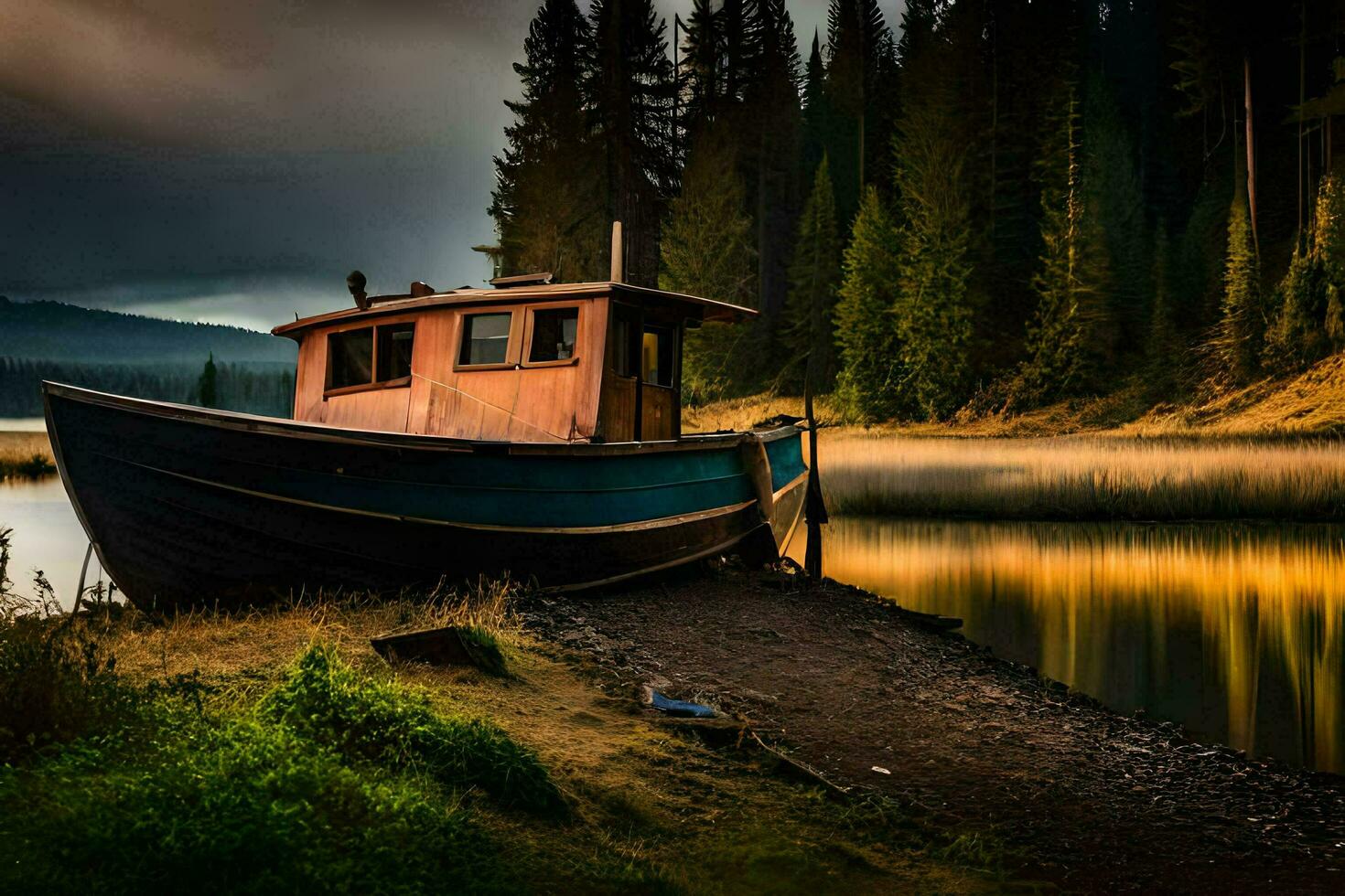 a boat sits on the shore of a lake. AI-Generated photo