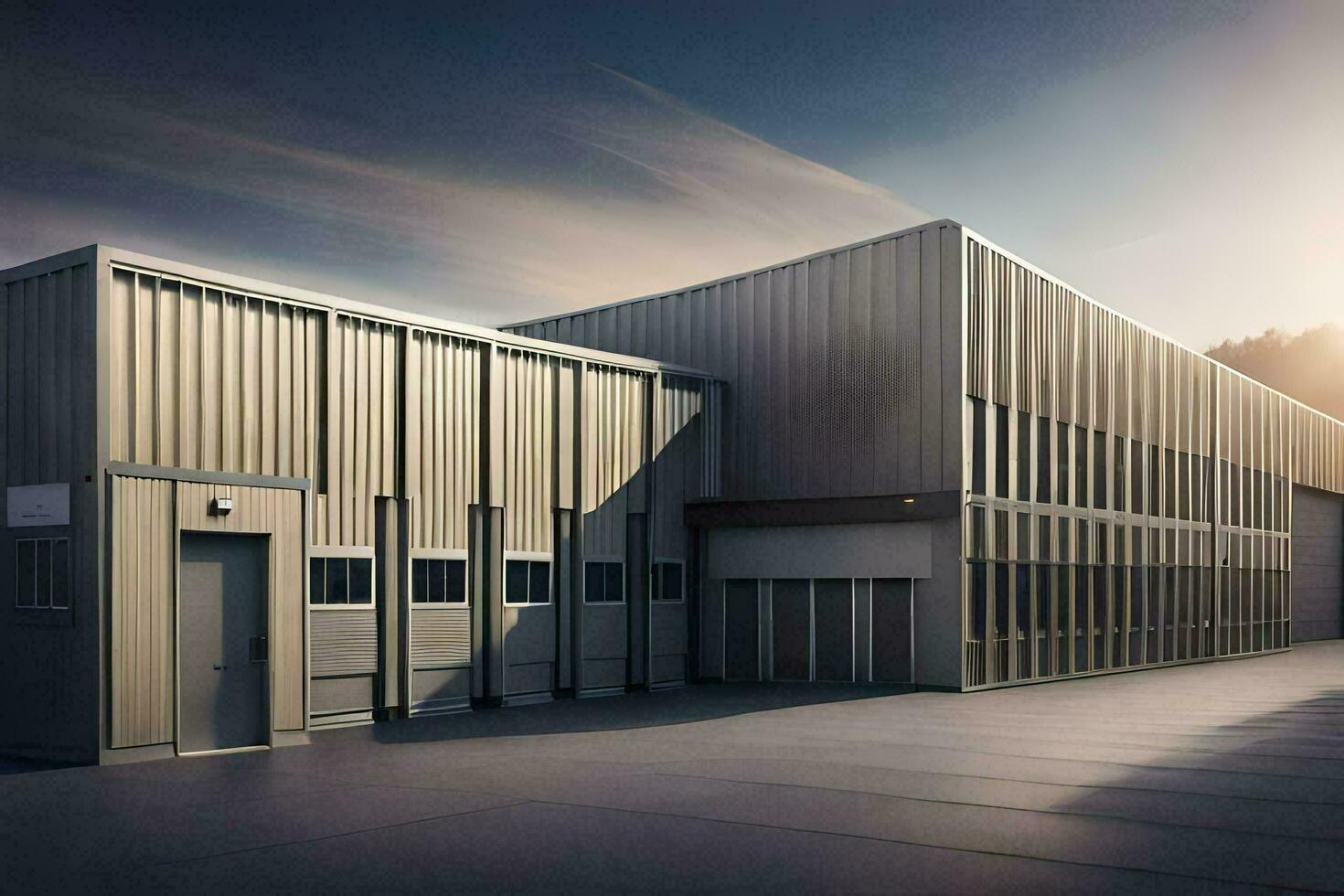 a large industrial building with a sun setting behind it. AI-Generated photo
