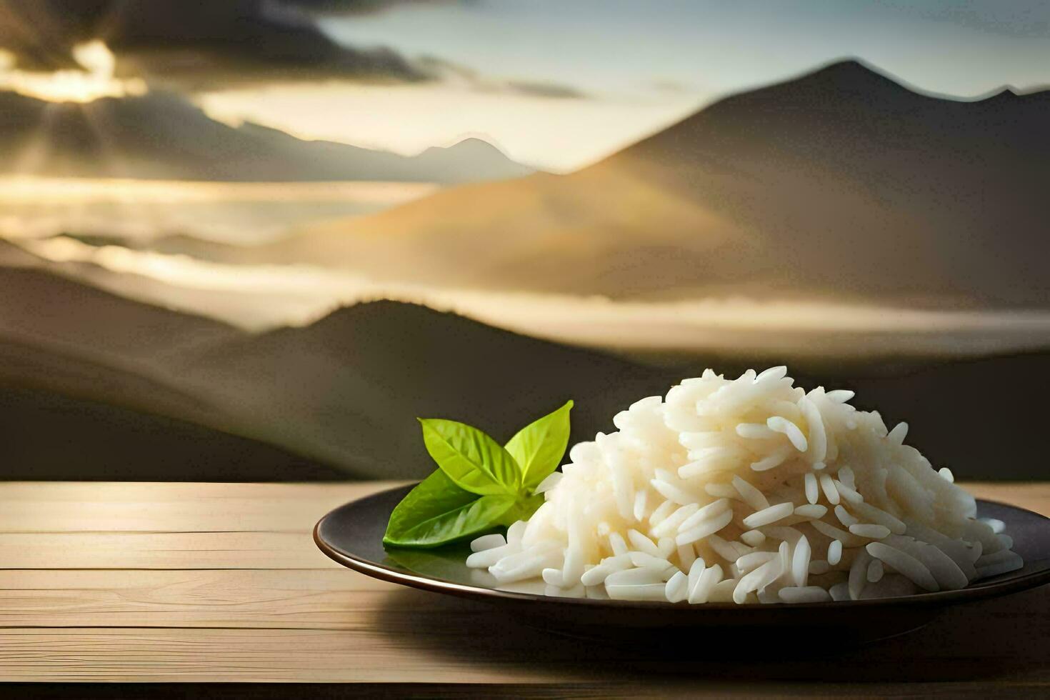 rice in a bowl on a table with mountains in the background. AI-Generated photo
