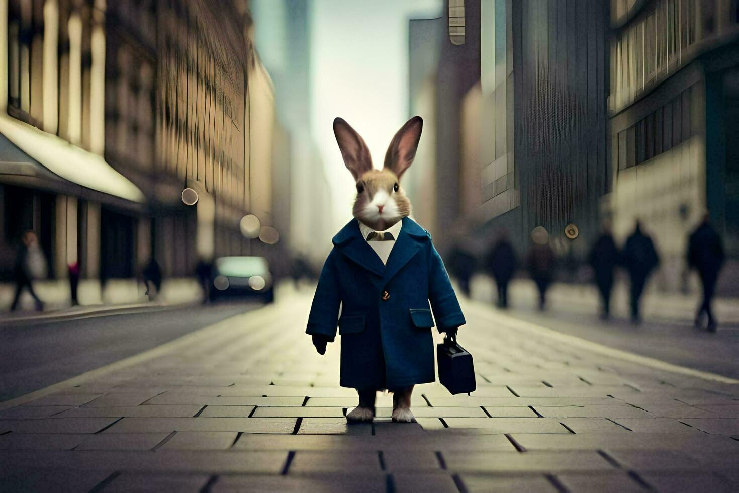 a rabbit dressed in a suit and tie standing on a city street. AI-Generated photo