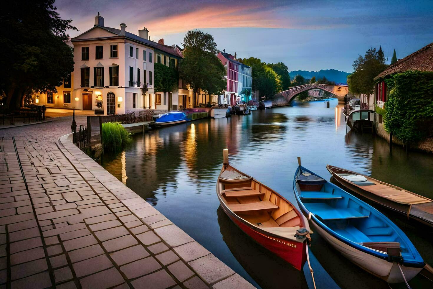 boats are docked along the side of a canal. AI-Generated photo
