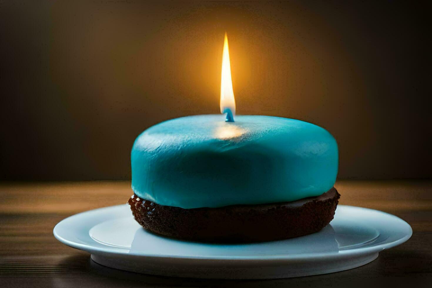 blue birthday cake with a lit candle. AI-Generated photo