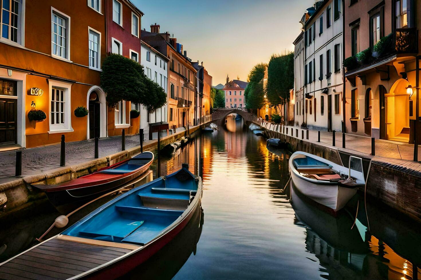boats are docked in a narrow canal at sunset. AI-Generated photo