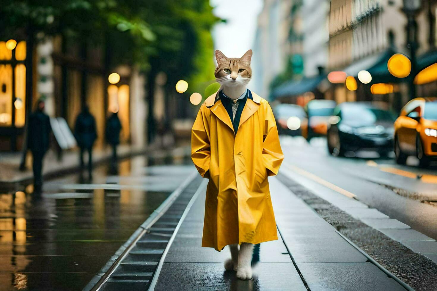 a cat wearing a yellow raincoat on a city street. AI-Generated photo