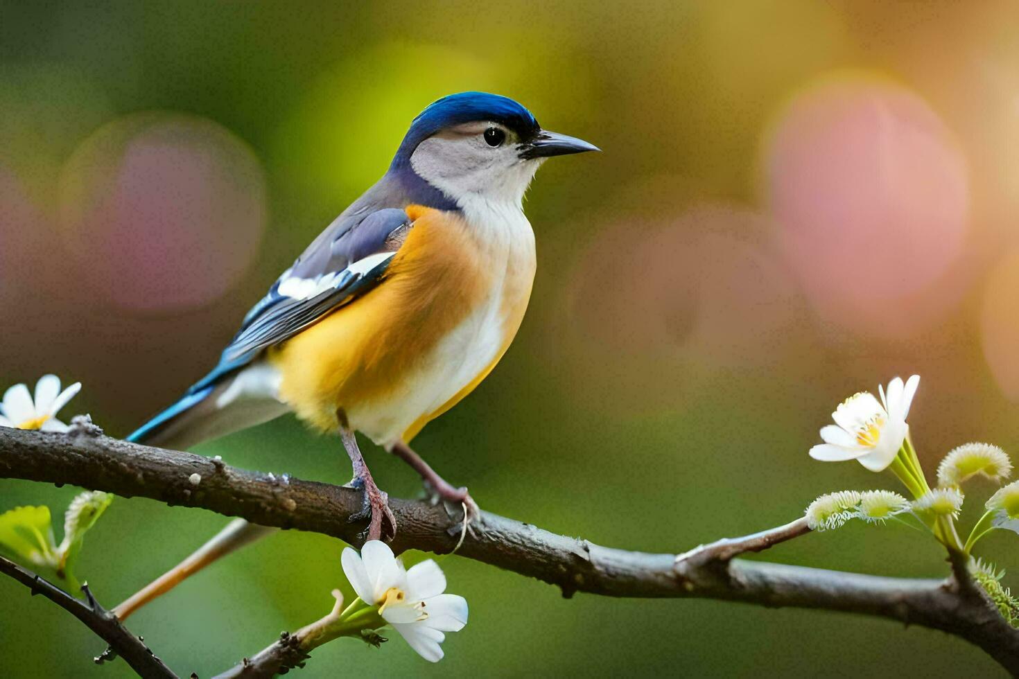 a blue and white bird sits on a branch with flowers. AI-Generated photo