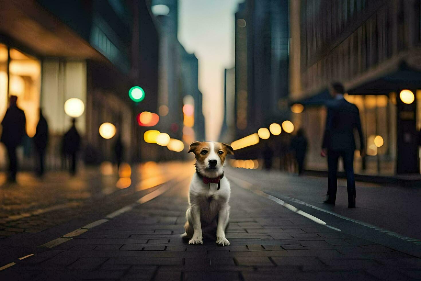 a dog standing in the middle of a city street. AI-Generated photo